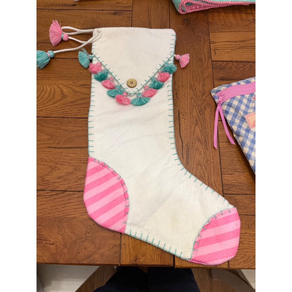 Matilda Jane Handmade Christmas Stocking Pink‎ Teal Tassels Button Detail